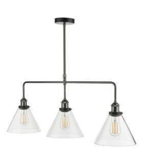Straight Bar Pendant Light Antique Nickel Clear Glass, 3x E27