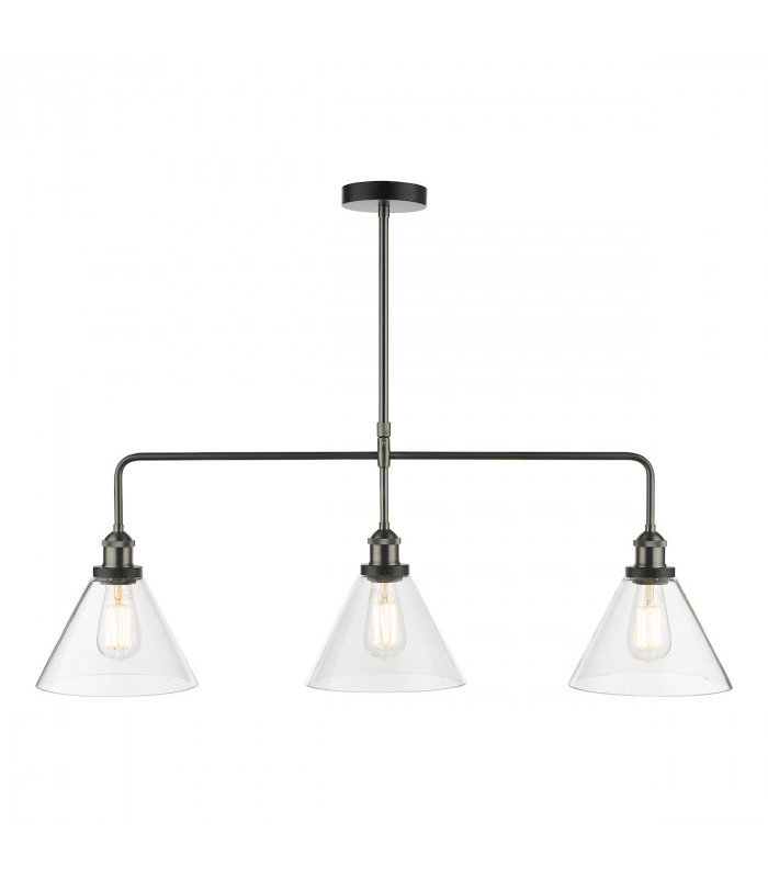 Straight Bar Pendant Light Antique Nickel Clear Glass, 3x E27