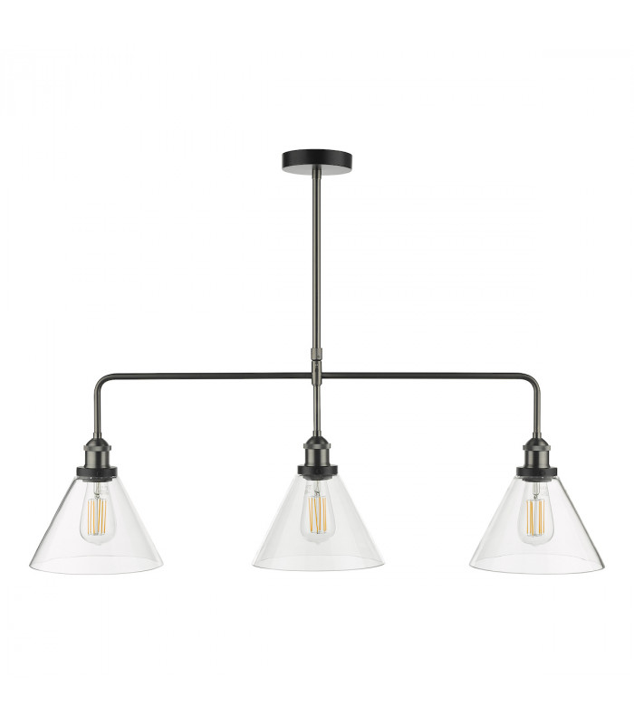 Straight Bar Pendant Light Antique Nickel Clear Glass, 3x E27