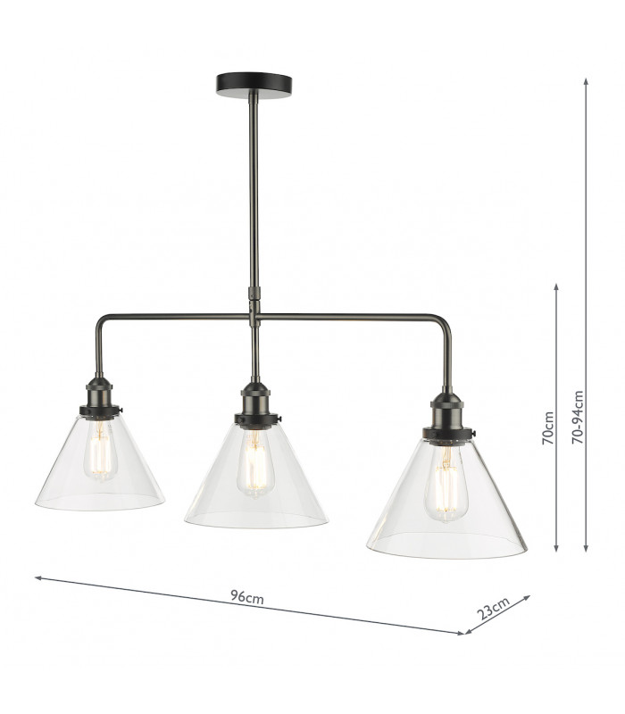 Straight Bar Pendant Light Antique Nickel Clear Glass, 3x E27