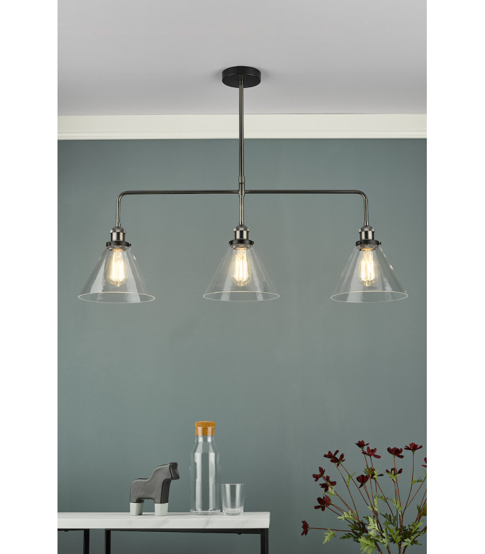 Straight Bar Pendant Light Antique Nickel Clear Glass, 3x E27
