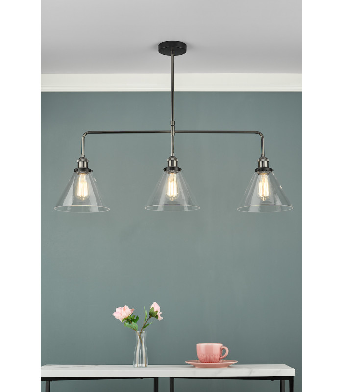 Straight Bar Pendant Light Antique Nickel Clear Glass, 3x E27