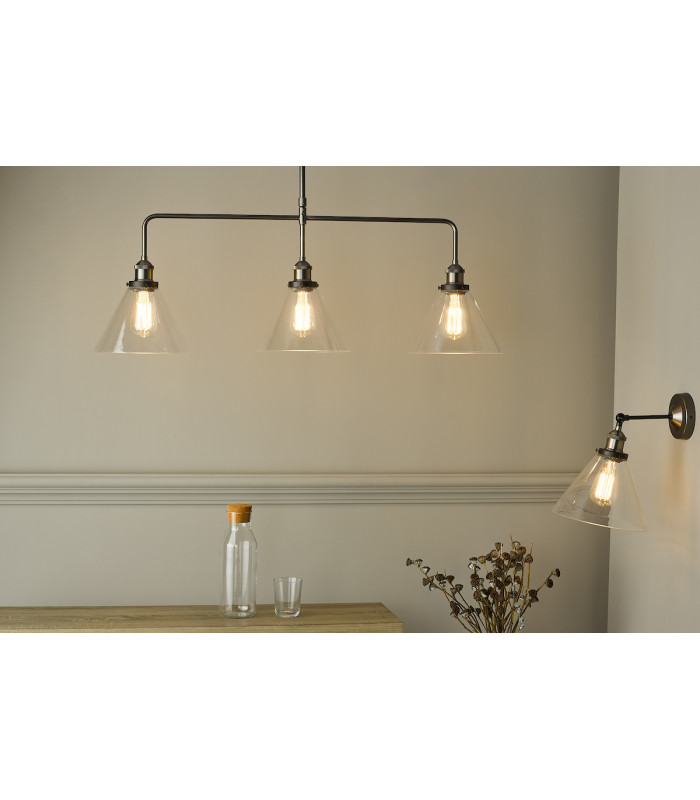 Straight Bar Pendant Light Antique Nickel Clear Glass, 3x E27