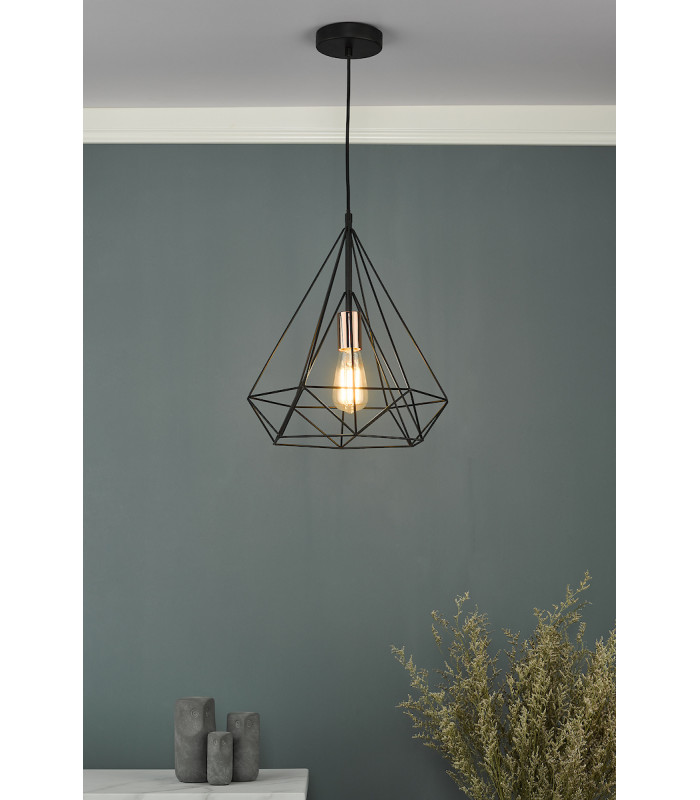 Wire Frame Single Pendant Light Black and Copper, 1x E27