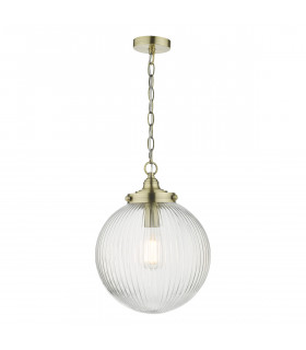 Single Pendant Light Antique Brass Ribbed Glass, 1x E27