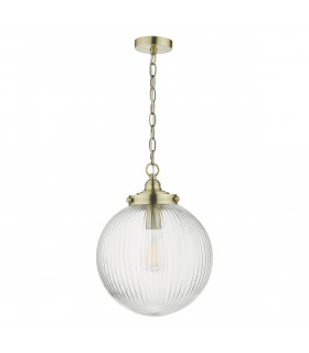 Single Pendant Light Antique Brass Ribbed Glass, 1x E27