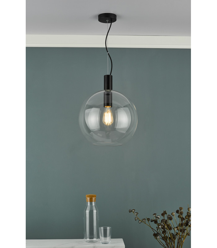 Dome Single Pendant Light Black Clear Glass, 1x E27