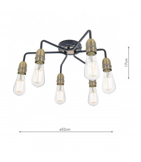Flush Ceiling Light Black & Antique Brass, 6x E27