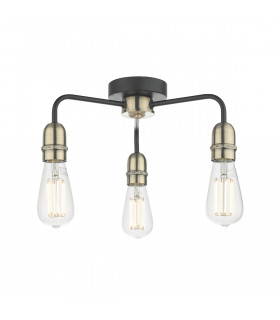 Flush Ceiling Light Black & Antique Brass, 3x E27