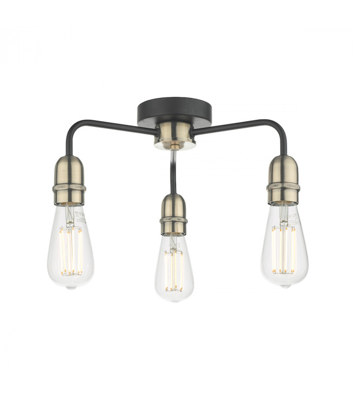 Flush Ceiling Light Black & Antique Brass, 3x E27