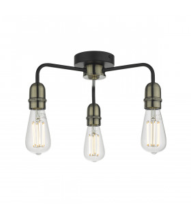 Flush Ceiling Light Black & Antique Brass, 3x E27