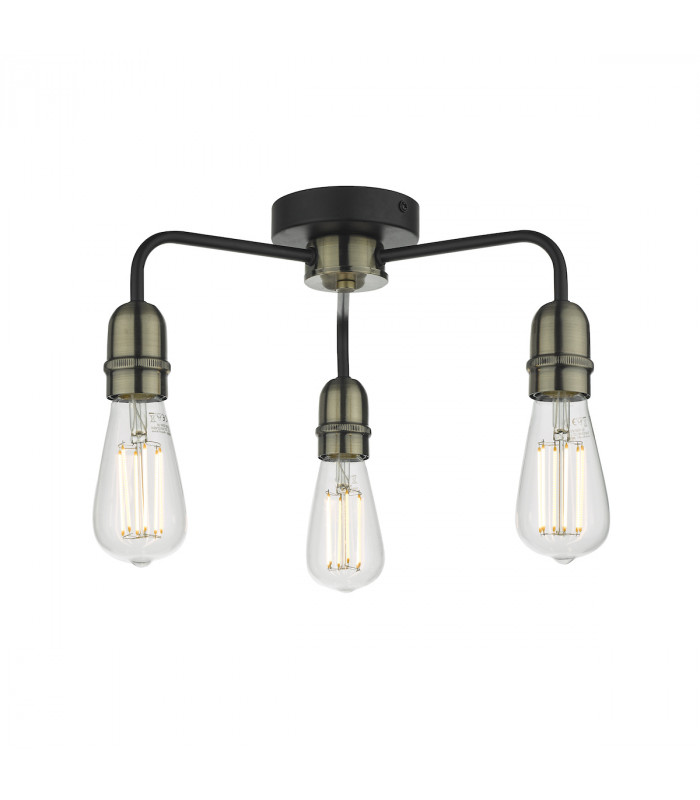 Flush Ceiling Light Black & Antique Brass, 3x E27