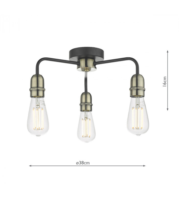 Flush Ceiling Light Black & Antique Brass, 3x E27