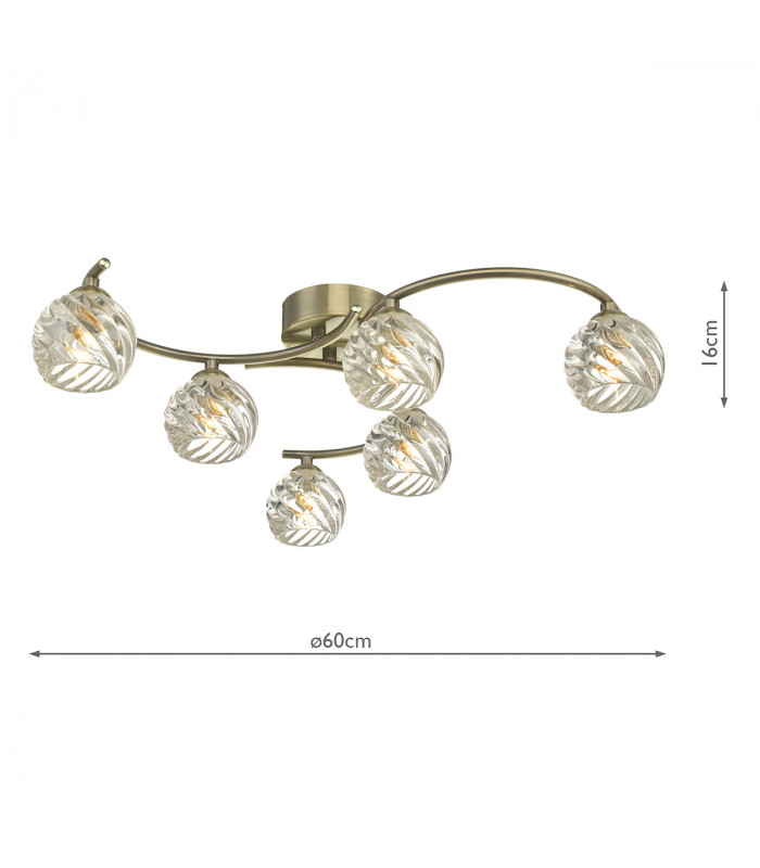 Semi Flush Ceiling Light Light Antique Brass With Twisted Open Glass, 6x G9