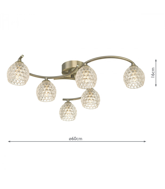Semi Flush Ceiling Light Light Antique Brass With Dimpled Glass, 6x G9