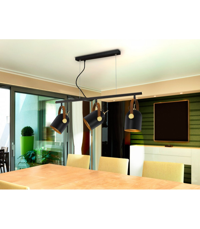 Pendant Light Straight Bar Matt Black Gold Paint 3x E14 -1