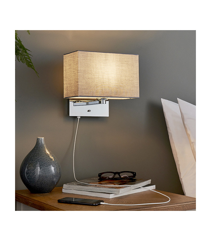 Wall Lamp Chrome Plate, Grey Fabric Rectangular Shade With Usb Socket - 3