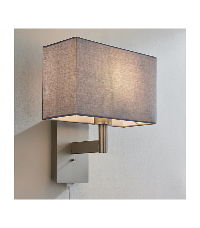 Wall Lamp Matt Nickel Plate, Grey Fabric Rectangular Shade With Usb Socket - 2