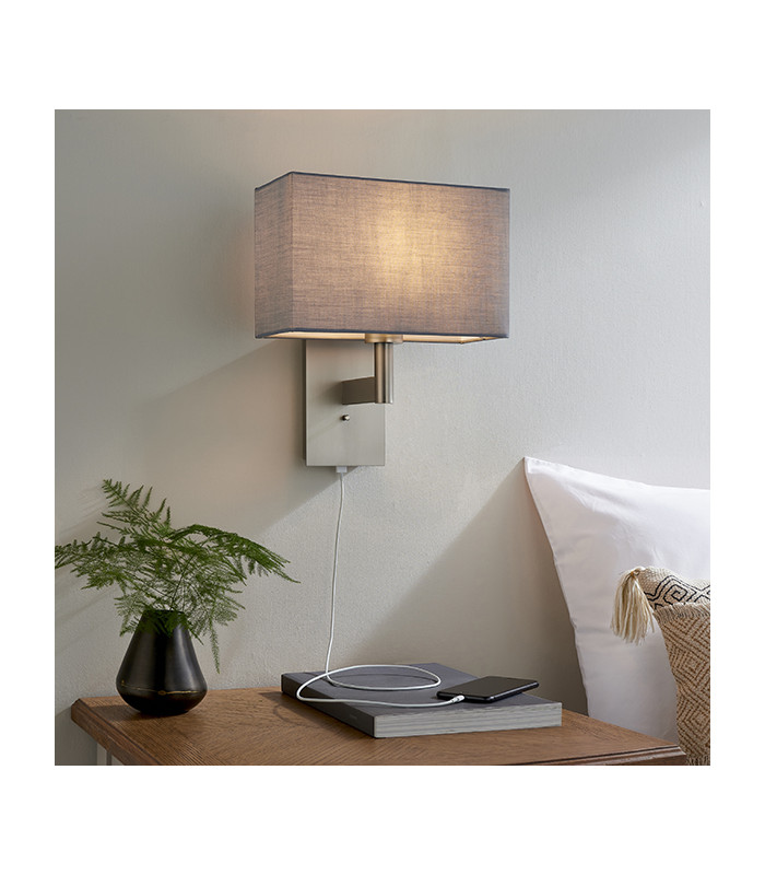 Wall Lamp Matt Nickel Plate, Grey Fabric Rectangular Shade With Usb Socket - 3
