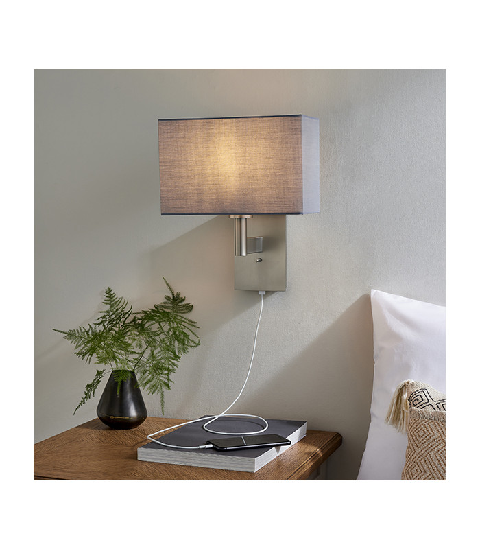 Wall Lamp Matt Nickel Plate, Grey Fabric Rectangular Shade With Usb Socket - 4