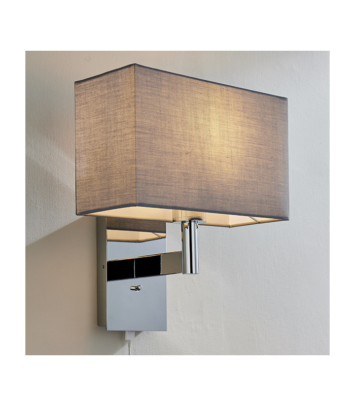Wall Lamp Chrome Plate, Grey Fabric Rectangular Shade With Usb Socket - 2