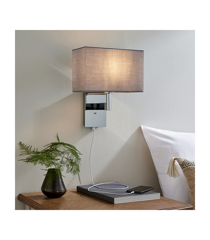 Wall Lamp Chrome Plate, Grey Fabric Rectangular Shade With Usb Socket - 3