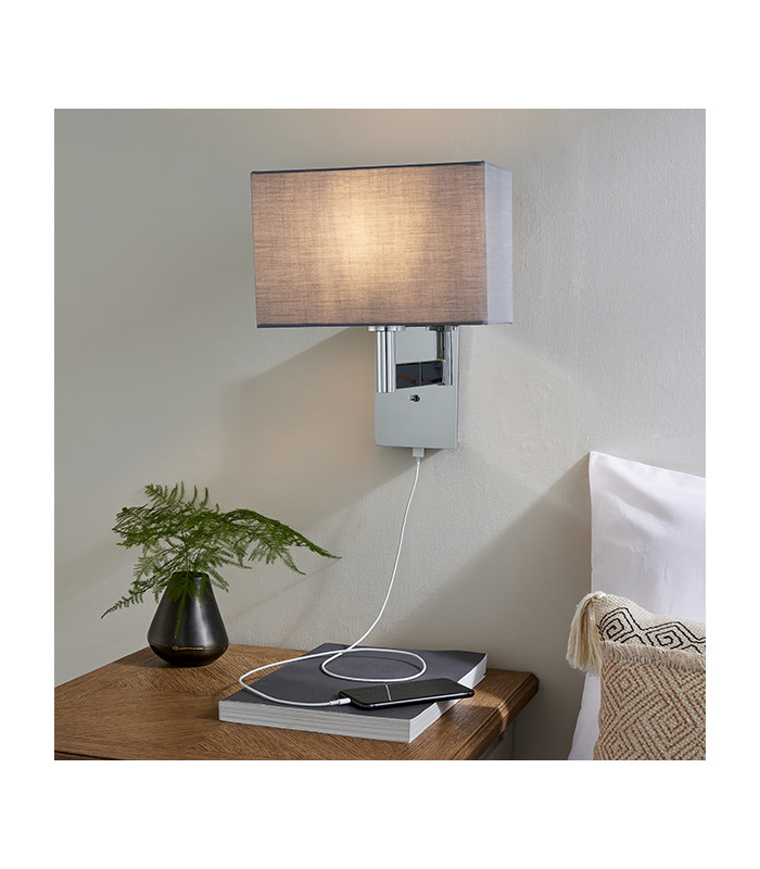 Wall Lamp Chrome Plate, Grey Fabric Rectangular Shade With Usb Socket - 4