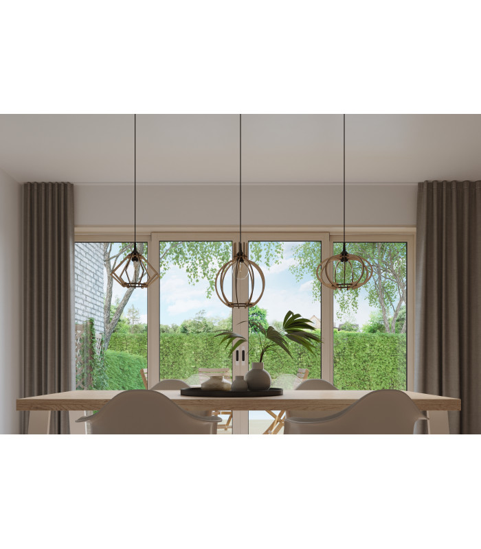 Wire Frame Pendant Light Natural Wood E27-7