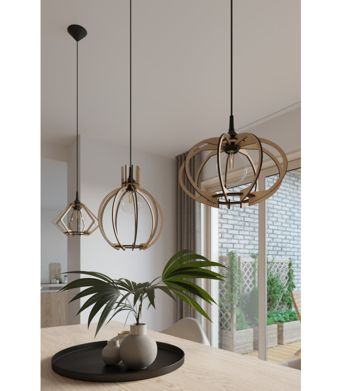 Wire Frame Pendant Light Natural Wood E27