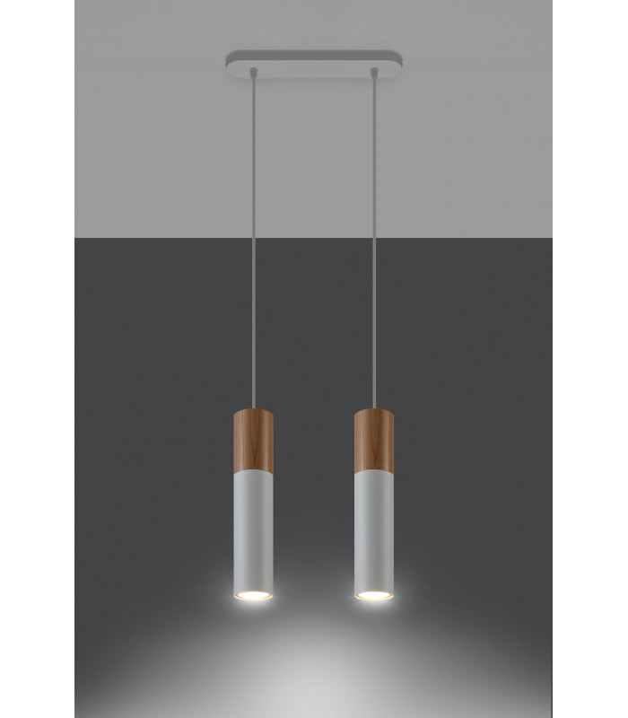 Twin Hanging Pendant Light White Natural Wood GU10-3