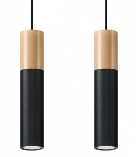 Twin Hanging Pendant Light Black Natural Wood GU10-1
