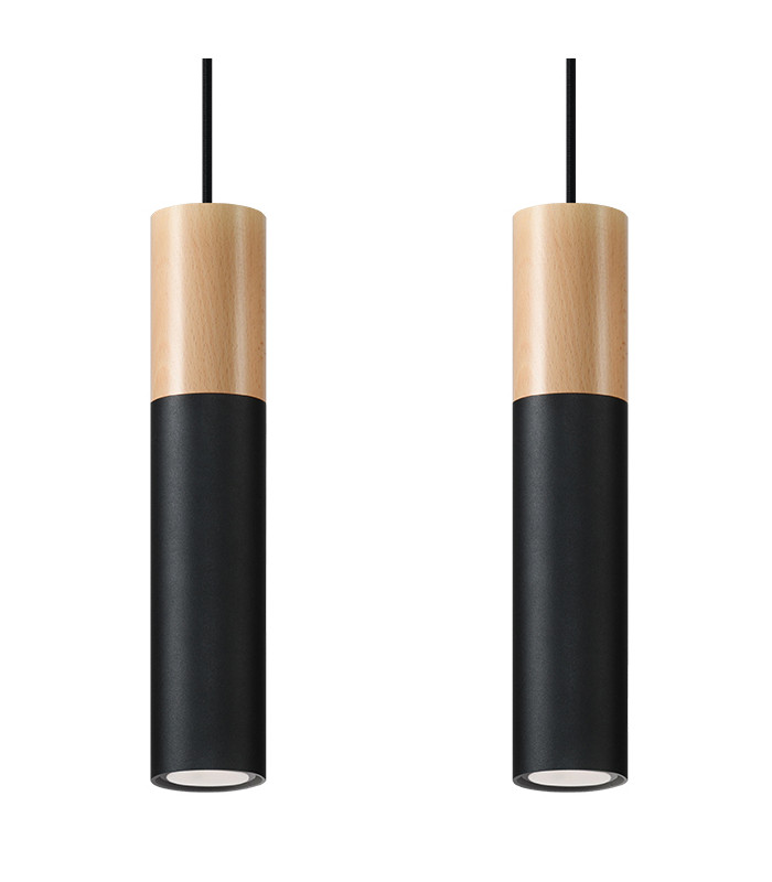Twin Hanging Pendant Light Black Natural Wood GU10-1