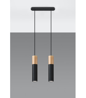 Twin Hanging Pendant Light Black Natural Wood GU10-2