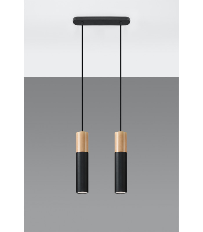 Twin Hanging Pendant Light Black Natural Wood GU10-2