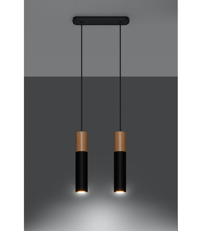 Twin Hanging Pendant Light Black Natural Wood GU10-3