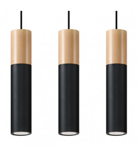 Triple Hanging Pendant Light Black Natural Wood GU10-1