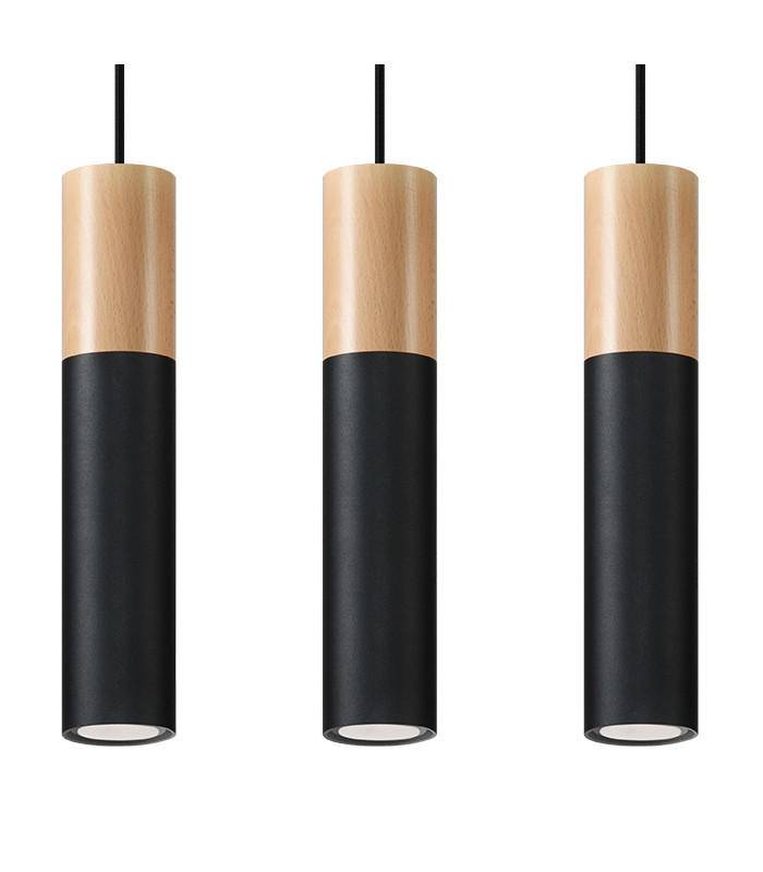 Triple Hanging Pendant Light Black Natural Wood GU10-1