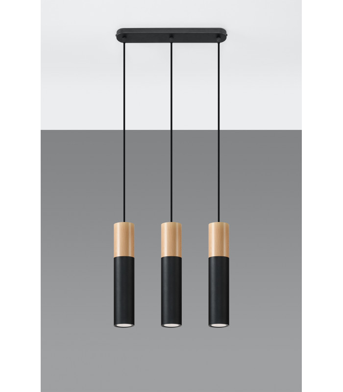 Triple Hanging Pendant Light Black Natural Wood GU10-2