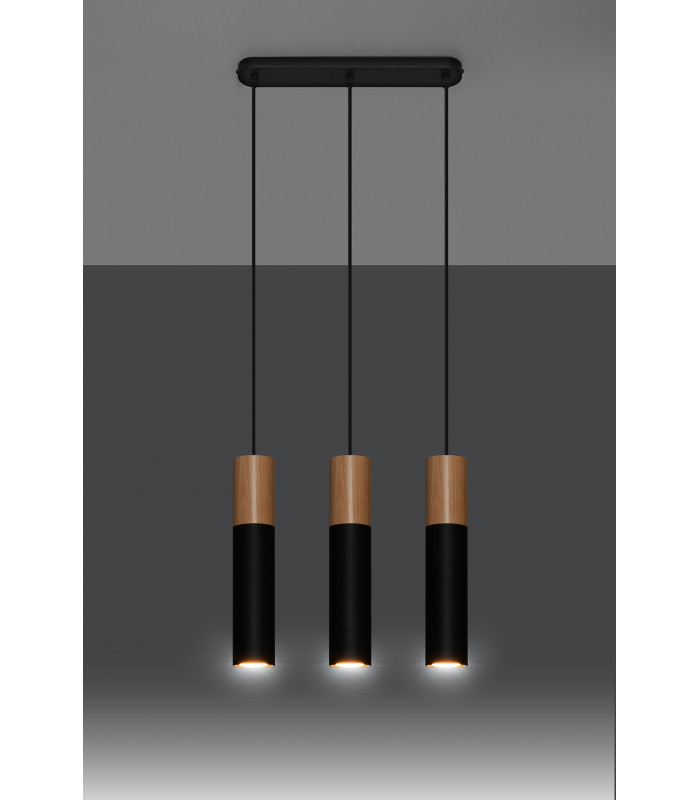 Triple Hanging Pendant Light Black Natural Wood GU10-3