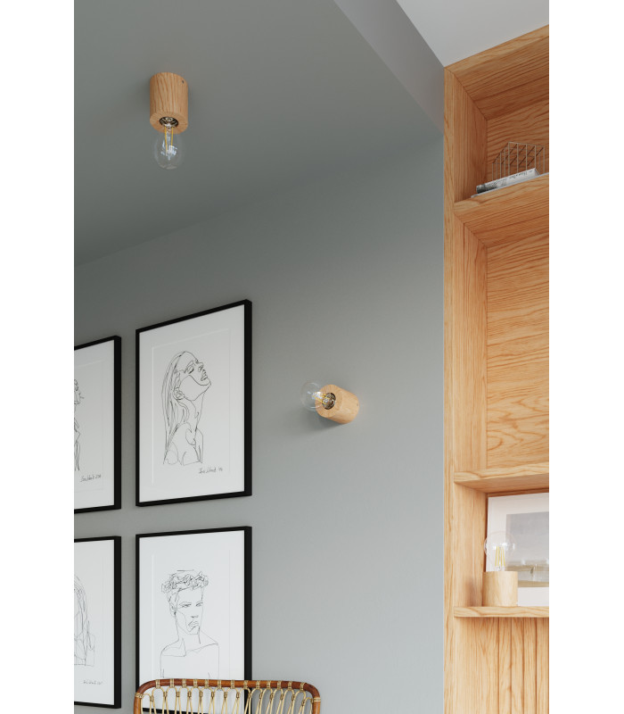 Surface Mounted Round Wall Lamp Natural Wood E27