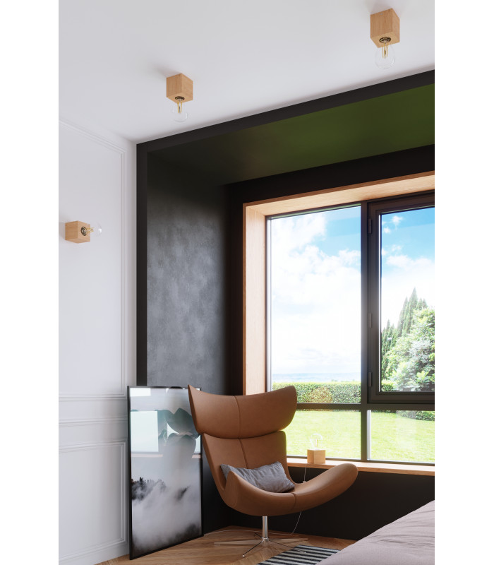 Surface Mounted Square Wall Lamp Natural Wood E27