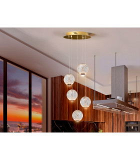 Modern Cluster Drop 5 Light LED Pendant Light Spherical Carved Crystal Globes 1264lm 3200K-1