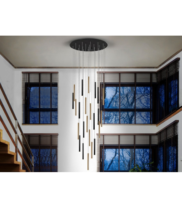 Cluster Drop Ultra Slim 14 Light Dimmable Suspension 3 Meter Max Hanging Light Gold & Matt Black with Remote Control