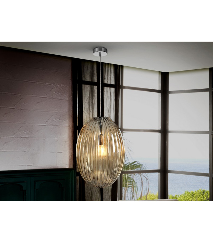 Pendant Light with Large Grey Shade in Cognac Tonality-1