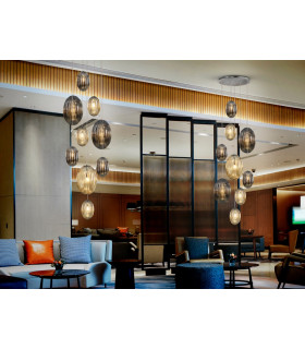 Modern Cluster Dimmable 9 Light LED Pendant Light Oval Cognac & Smoke Grey Shades. Remote Control-2