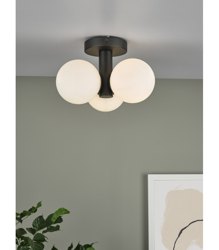 Triple Globe 3 Light Semi Flush Matt Black Opal Glass-4