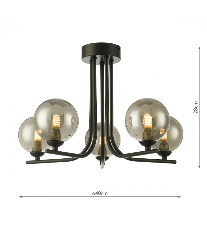 5 Light Semi Flush Ceiling Light Matt Black Smoked Glass-6