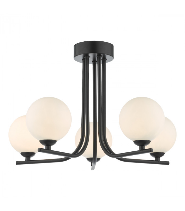 5 Light Semi Flush Ceiling Light Matt Black Opal Glass-1
