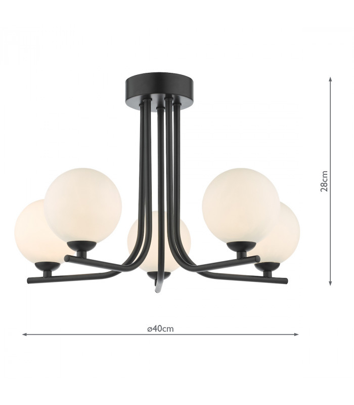5 Light Semi Flush Ceiling Light Matt Black Opal Glass-6