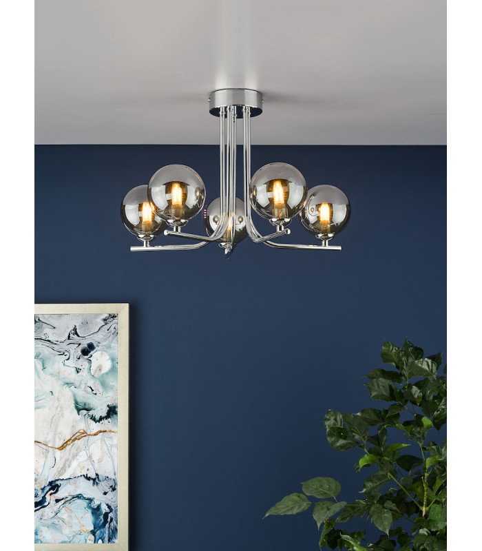 5 Light Semi Flush Ceiling Light Polished Chrome Smoked Glass-4
